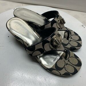 Vintage Coach CC Monogram Black and Beige Wedge Sandals with Turn Lock Size 6